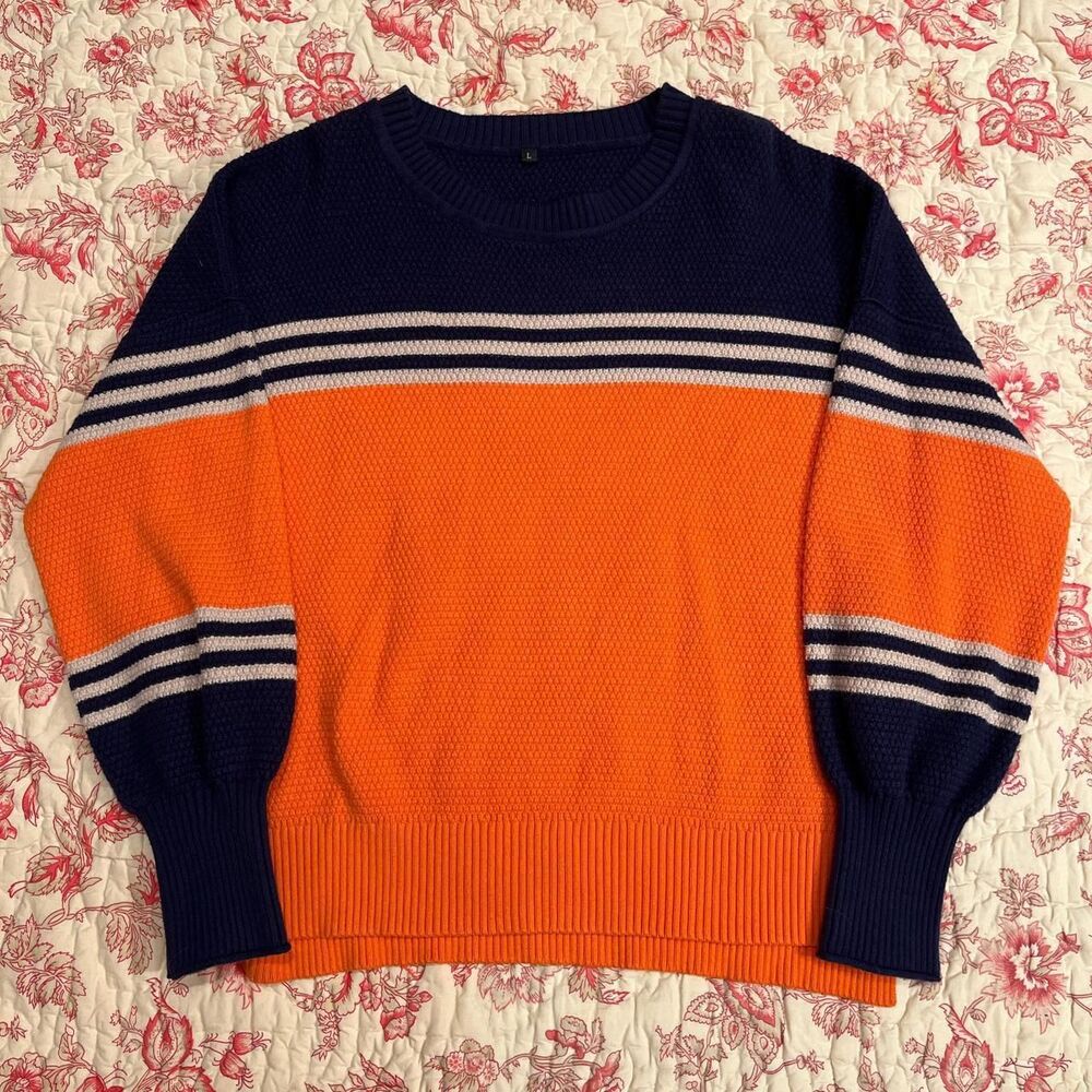 Vintage Lofty Fit Grandpa style Navy Blue and Orange Colorful Pattern Sweater